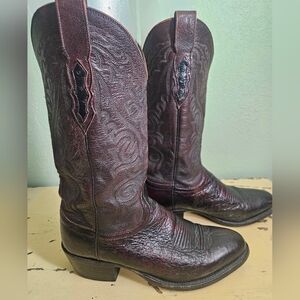Lucchese Mens Black Cherry Ostrich Leather Western Cowboy Boots